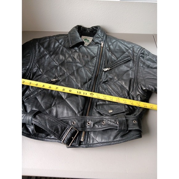 Green Field Leather Jacket Womens Medium MOTO Black Belted Motorcycle Grunge VTG - Picture 12 of 13